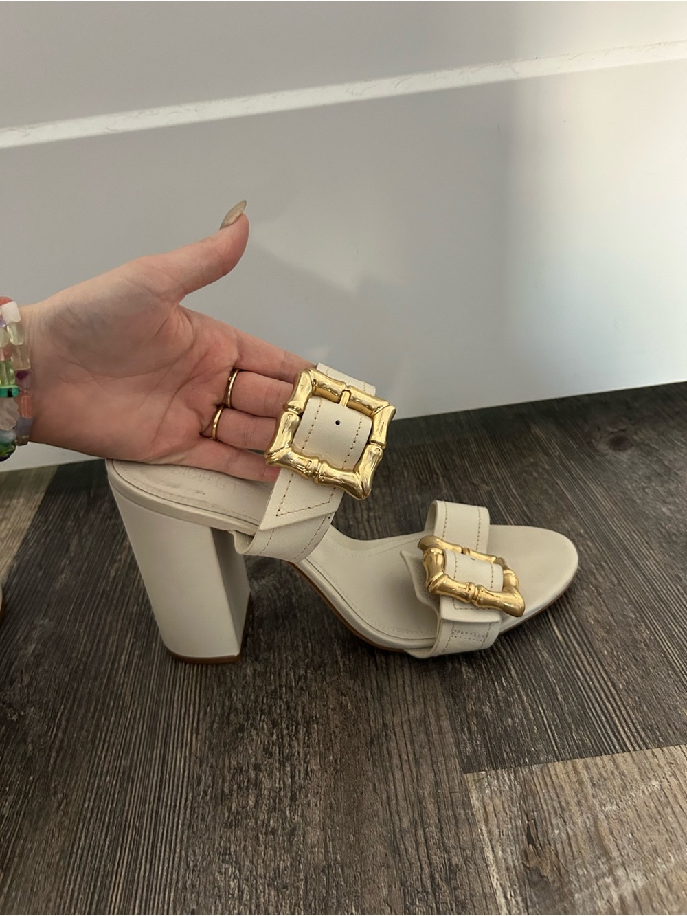 SCHUTZ Cream Leather Block Heel Sandal with Gold Buckles - Picture 4 of 6